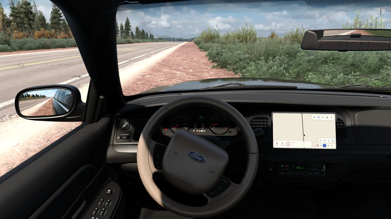 EuroOs na tela central de um carro no American Truck Simulator, com o GPS no modo claro.