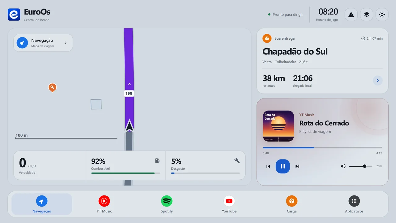 A central do EuroOs pronta na primeira viagem, com o mapa, a entrega e a música.
