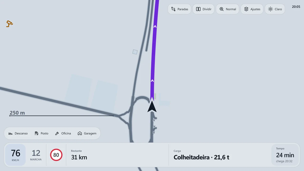 GPS do EuroOs com a rota na rotatória, serviços e informações da viagem no mapa RBR.