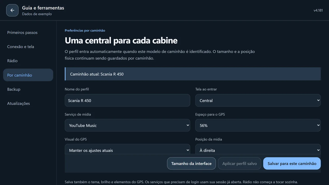 Preferências por caminhão, com serviço de música e composição das telas.